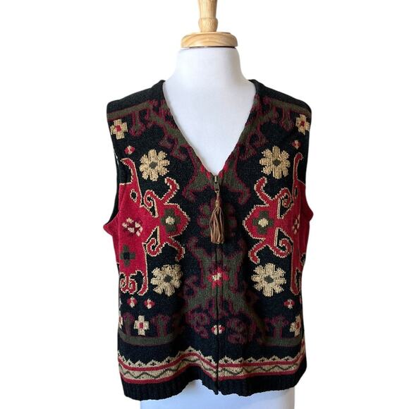 Vintage 90s Black Red Boho Batik Full Zip Sweater Vest Women's XL - Picture 1 of 6